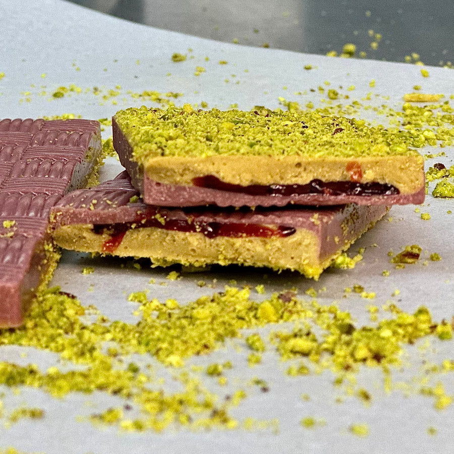 Handcrafted Ruby Chocolate Bar with Raspberries and Pistachio