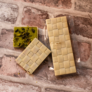 Handcrafted White Chocolate Bar with Strawberries and Pistachio